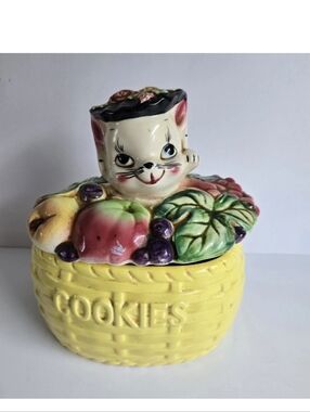 Japan Cat Kitten In A Fruit Basket Cookies Jar Vintage